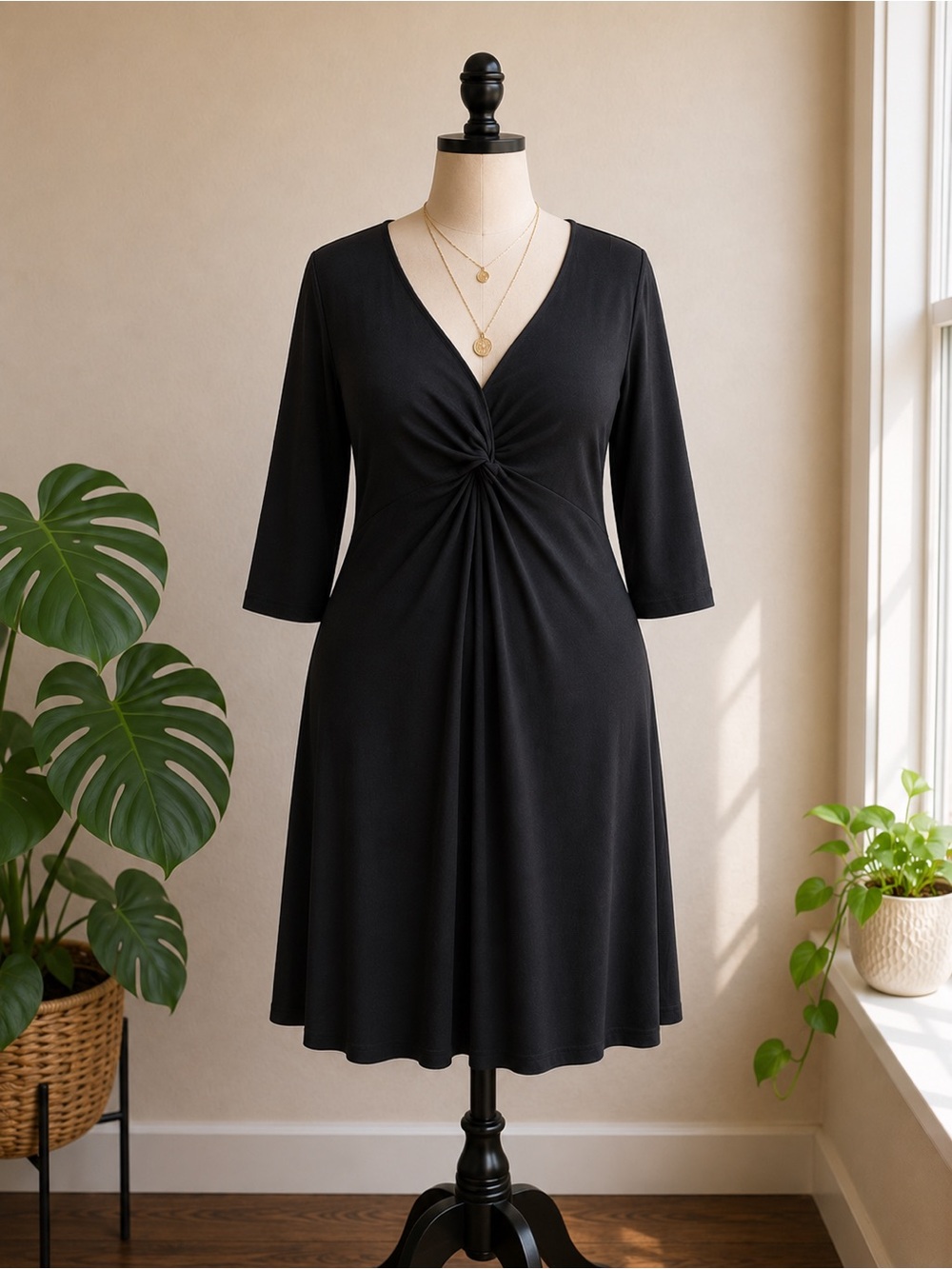 Elementz Woman Black Midi Dress | Twist Front V-Neck | Plus Size 2X